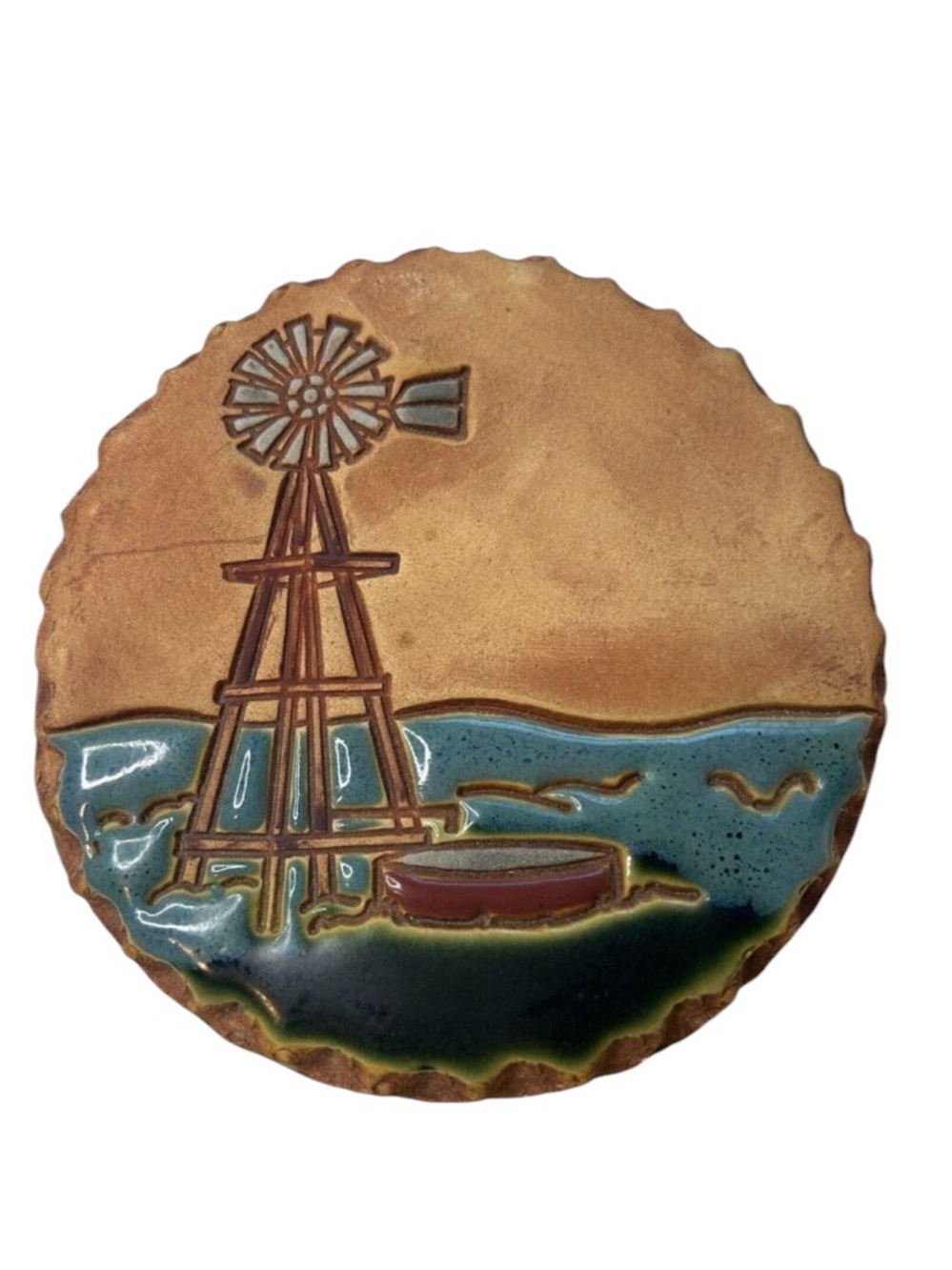 Nan Groves Pottery Bread Warmer Tile Round Windmill Wall Hanging Terracotta